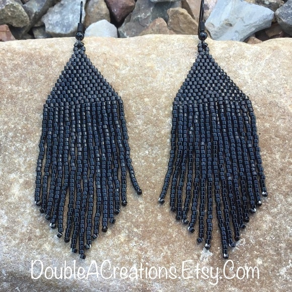 Black Beaded Earrings With Fringe, New, Handmade by Me - Picture 4 of 9